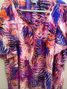 Catherines Purple, Pink & Orange Leaf-Print V-Neck Tunic with Ring Accents